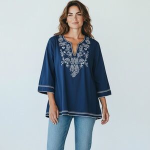 Talbots Linen Floral Embroidered Beach Boho Festival Resortwear Tunic Top 3X